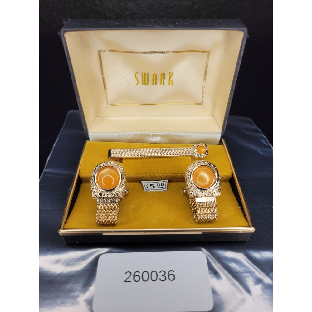 Swank Cufflinks Tie Clip Set Gold Tone Orange Cabochon Mesh Textured Excellent